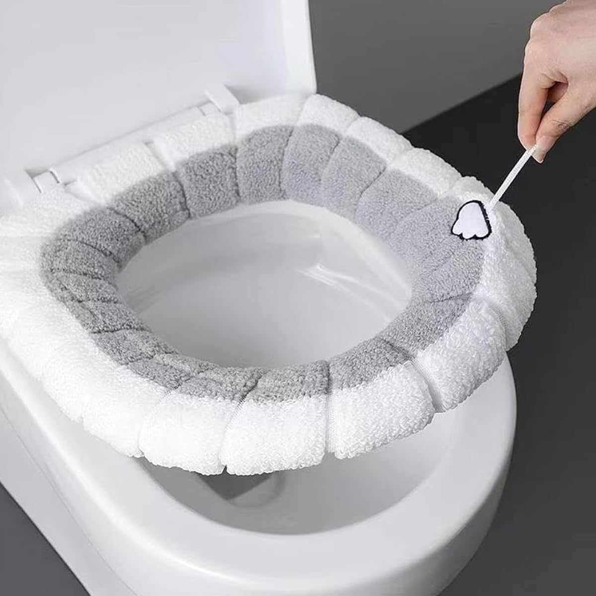 HASTHIP Soft Plush Winter Toilet Seat Cover with Elastic Edge and Loop in Grey and White | Acrylic Fiber Bathroom Seat Warmer for Comfort