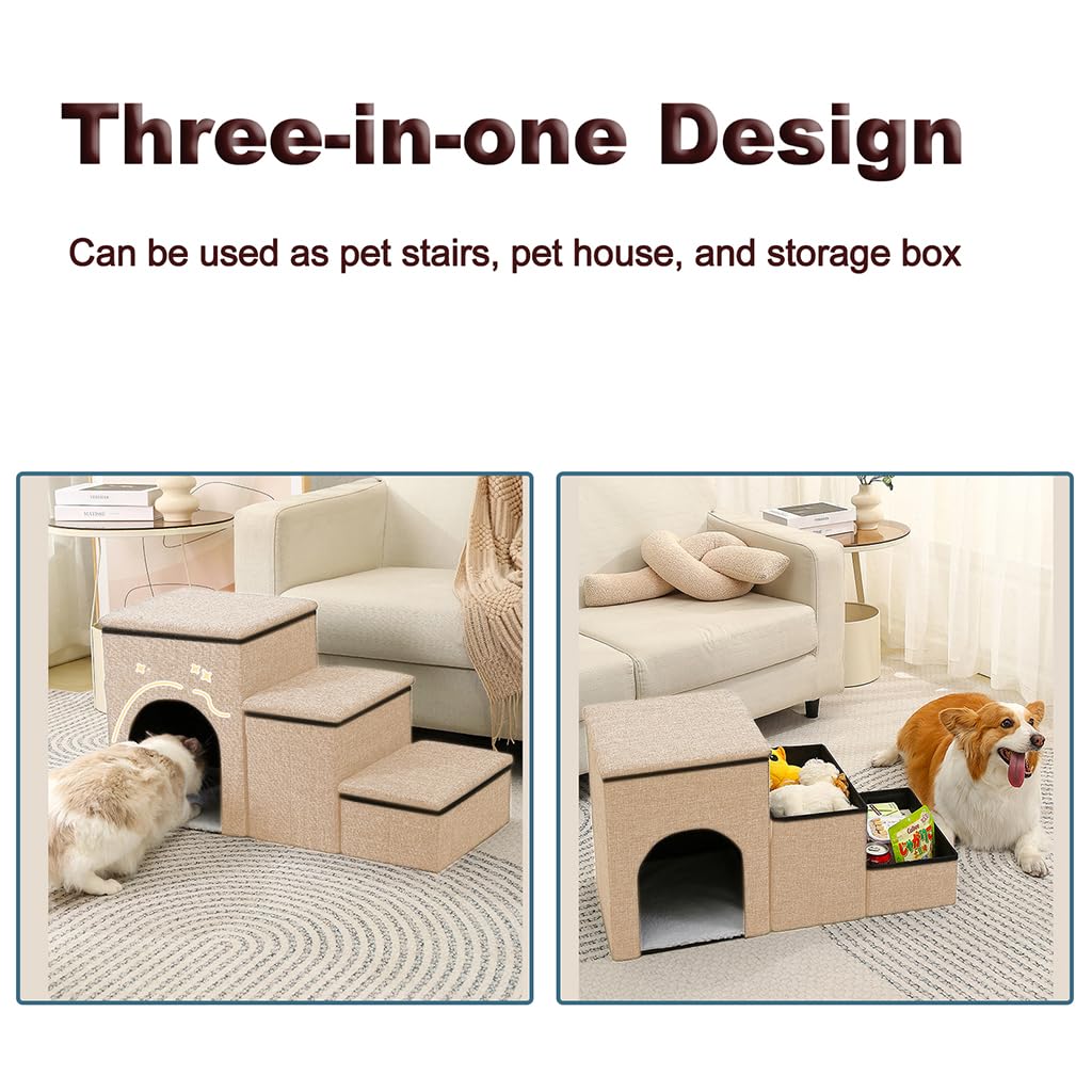HASTHIP® 3-in-1 Dog & Cat Stairs with Storage, Pet Steps Ramp for Small Dogs & Cats to Bed Couch, Multi-Purpose Pet House with Condo & Play Area, Easy Assembly, Durable Non-Slip Design