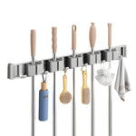 HASTHIP® Aluminum Wall Mop Holder, No Drill Push-in Mop Holder Organizer with 6 Hooks, Space Saving Cleaning Tool Organizer for Bathroom Garage