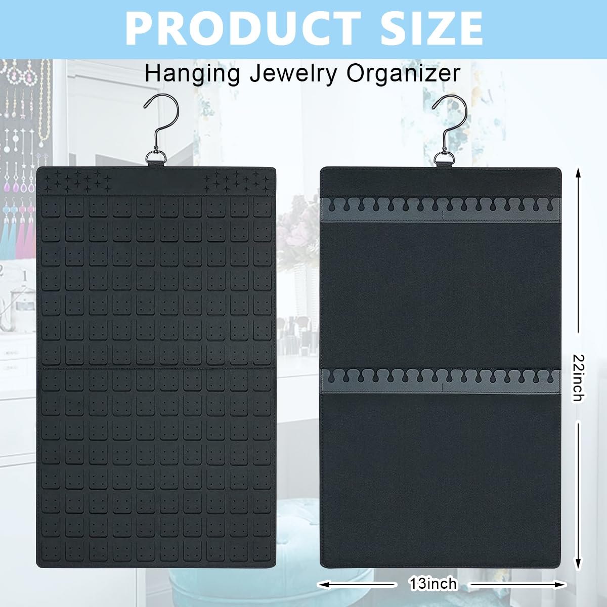 HASTHIP Hanging Jewellery Organizer for Closet and Wall with Dual Sides | Holds 300 Pairs and 30 Necklaces Black