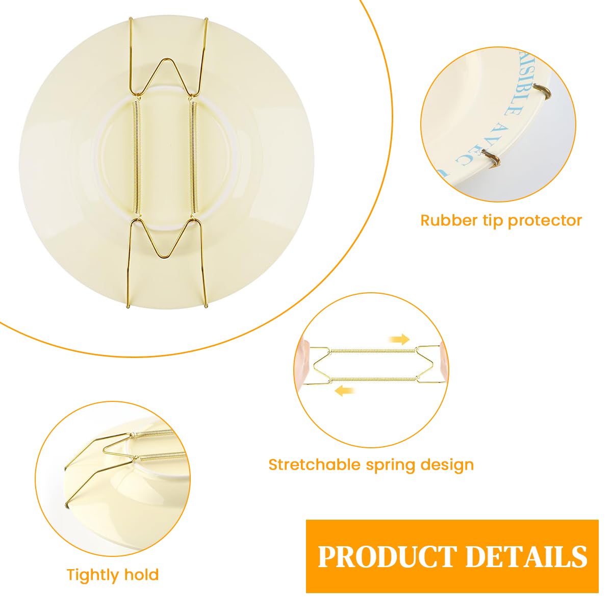 HASTHIP Spring Plate Hangers for Home Wall Decor featuring Secure Spring Mechanism and Golden Stainless Steel Fit 5.5 to 8 in Plates