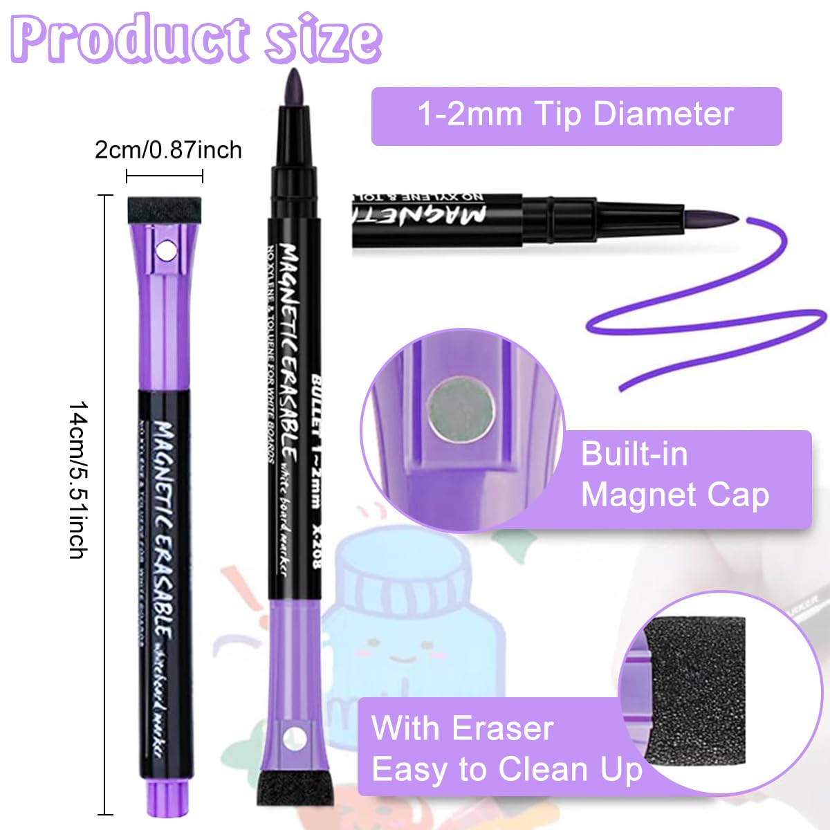 HASTHIP® Dry Erase Markers Fine Tip - Fine Point Dry Erase Markers with Eraser, Dry Erase Markers, White Board Markers, Colorful Dry Erase Markers Low Odor for Office School, 12 Count