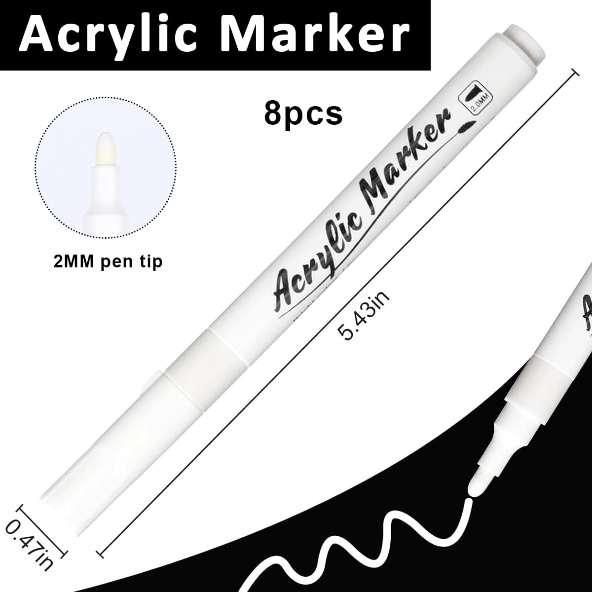 HASTHIP White Acrylic Paint Pens for DIY Crafts with 2mm Fiber Tip | 8 Pack Waterproof Set
