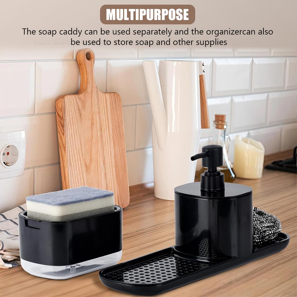 HASTHIP Metal Kitchen Soap Dispenser Set for Sink Organization with Sponge Rack Tray and Dishcloth Holder Black 3 PCS