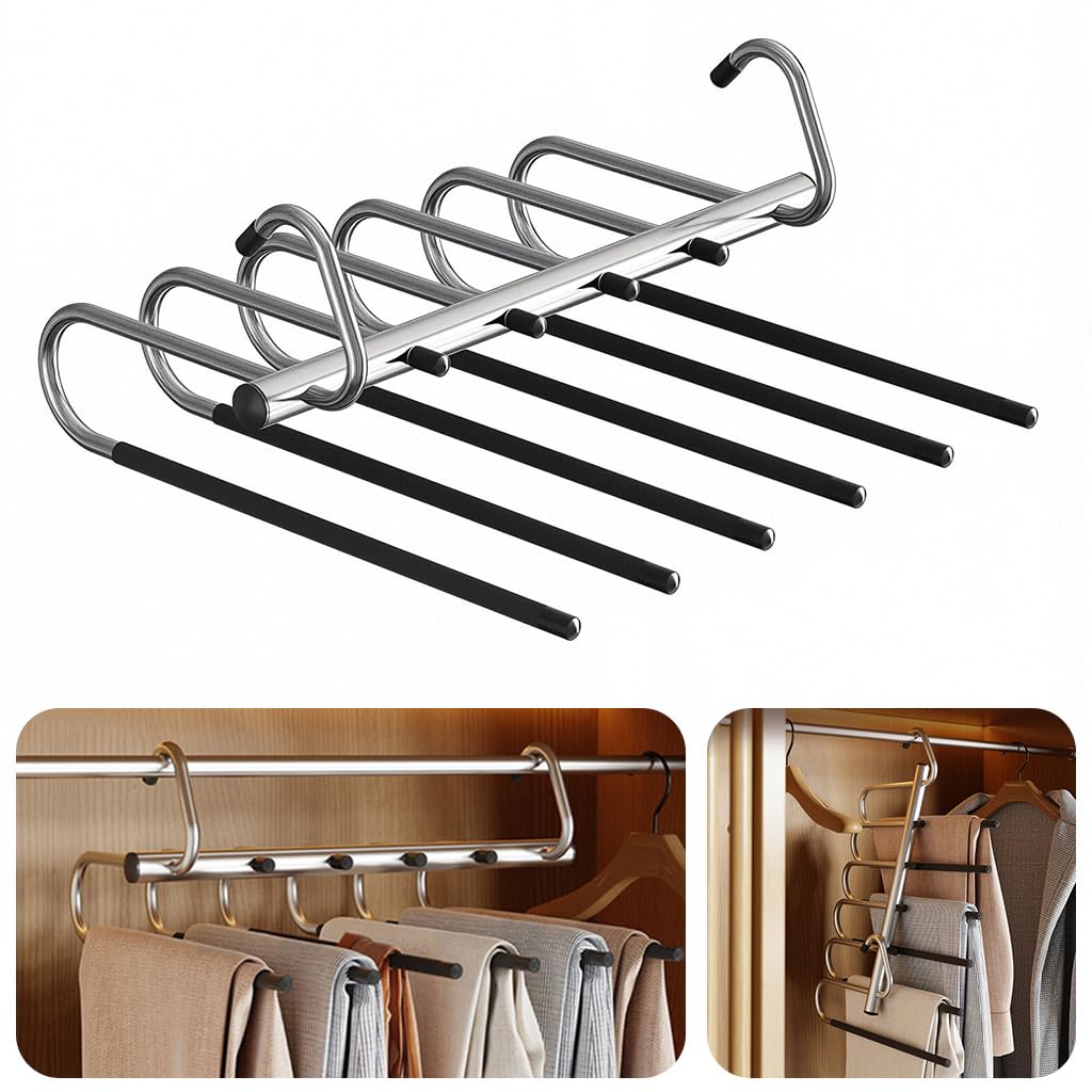 HASTHIP® 6-in-1 Multipurpose Pant Hangers for Wardrobe, Stainless Steel Closet Organizers Space-Saving Trouser & Leggings Organizer Saree Hanger for Closet Storage No Trace Wardrobe Organizer Rack