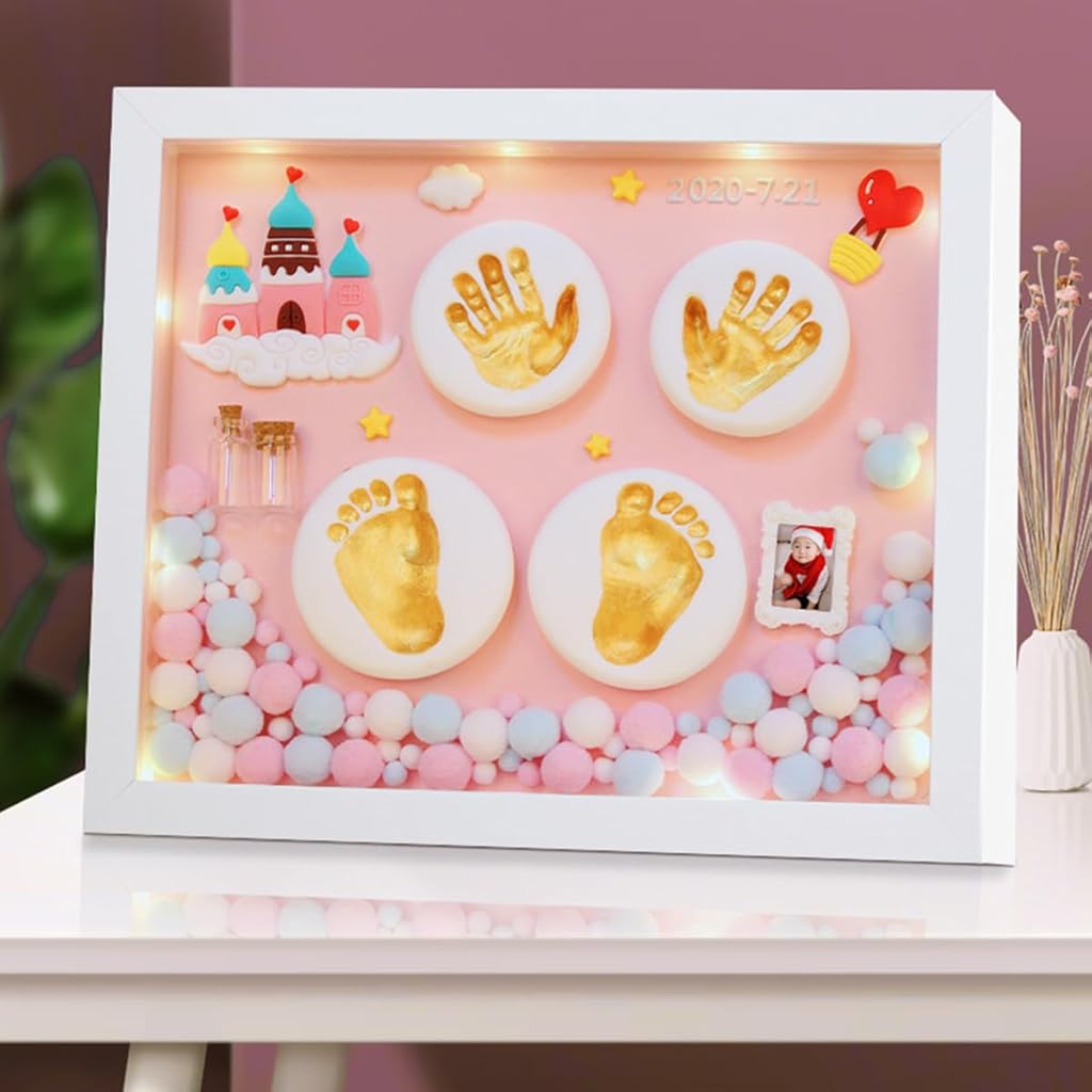 HASTHIP® Kit de Huellas de Mano y Pie Bebé con Arcilla Blanca y Pintura Dorada,Marco Fotos 11x12.9 Pulgadas con Accesorios,Regalo Recuerdo para Recién Nacidos