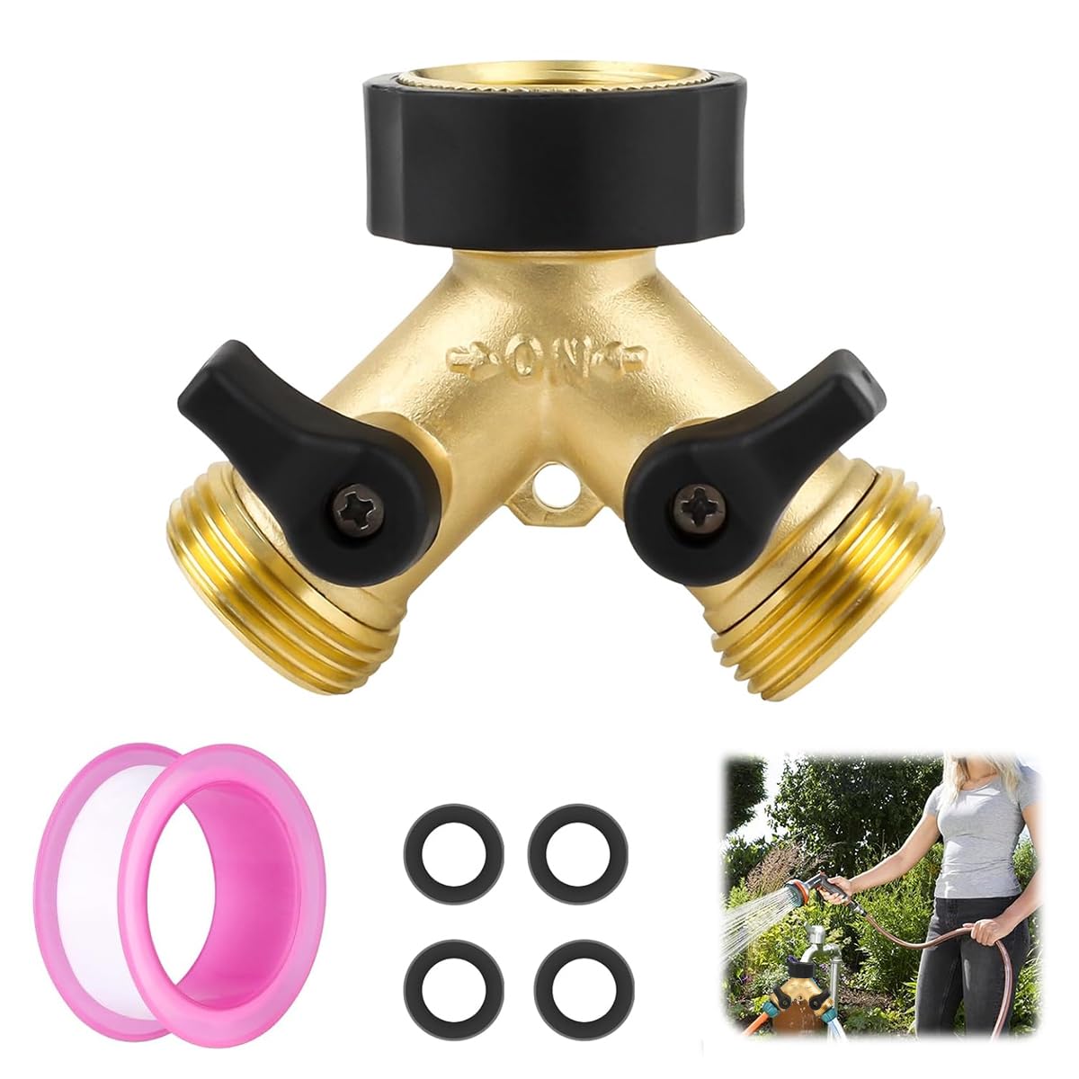 HASTHIP® Garden Hose Splitter with Individual Shut-off Valves 2 Way Hose Splitter Garden Faucet Splitter Universal 3/4'' Brass Garden Hose Splitter with 4 Gaskets & 1 Roll Tape