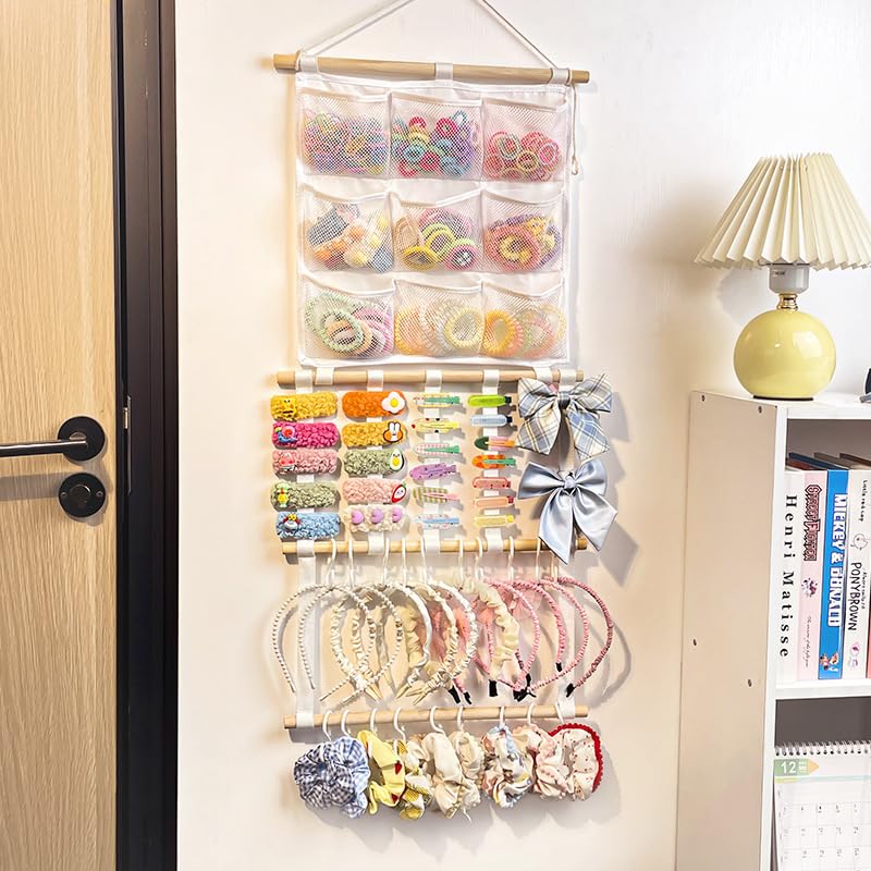 HASTHIP® Hanging Hair Accessory Organizer, Wall-Mounted Multi-Compartment Storage with Mesh Pockets, Wooden Clip Bars and Headband Holder, Display Rack for Hair Ties, Clips, Scrunchies and Bows