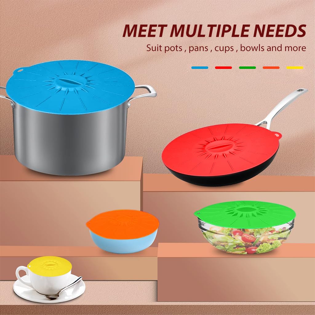 Heat Resistant Microwave Cover, Silicone Lids Covers for Food, Silicone Stretch Lids and Food Covers, 5 Sizes Reusable Heat Resistant Food Lids fits Cups, Bowls, Plates, Kitchen Gadgets