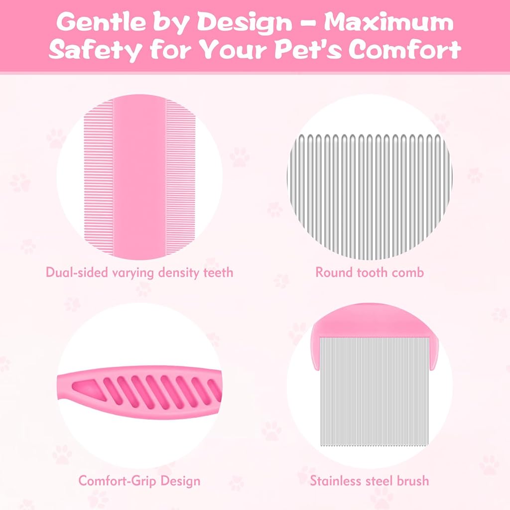 HASTHIP® 6 PCS Flea Comb for Dogs and Cats, Stainless Steel Dog Cat Grooming Combs, Fine & Wide Tooth Lice Comb, Tick Removal Tool, Tear Stain Remover, Dematting Brush, for Small, Medium Pets, Pink