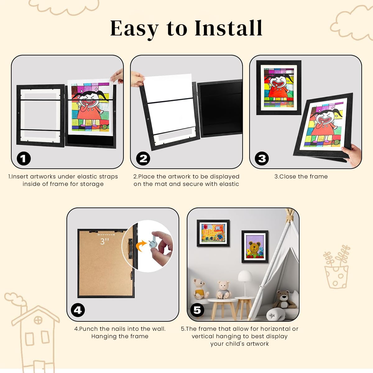 HASTHIP Kids Artwork Frame for Paintings with Front Opening 8.3x11.8 in | Black Display