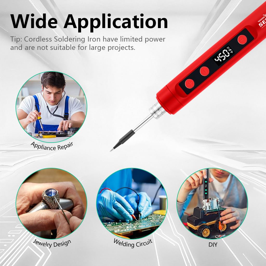 HASTHIP® 15W LCD Cordless Soldering Iron Kit 1100mAh Rechargeable, 180-450°C Adjustable Temperature, with 2 Replacement Tips, for Electronics Repair, DIY Crafts, Welding Tool Set-Red