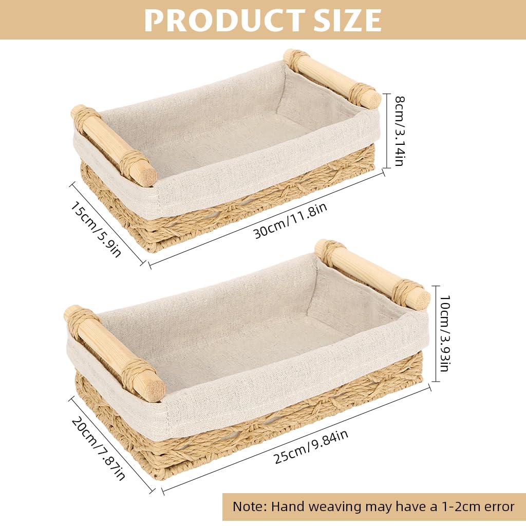 HASTHIP Desk Organizer for Bathroom and Dresser with Wooden Handle | 2 Sizes 30x20x10cm & 25x15x8cm Rustic Rattan Fabric Lined Storage Box