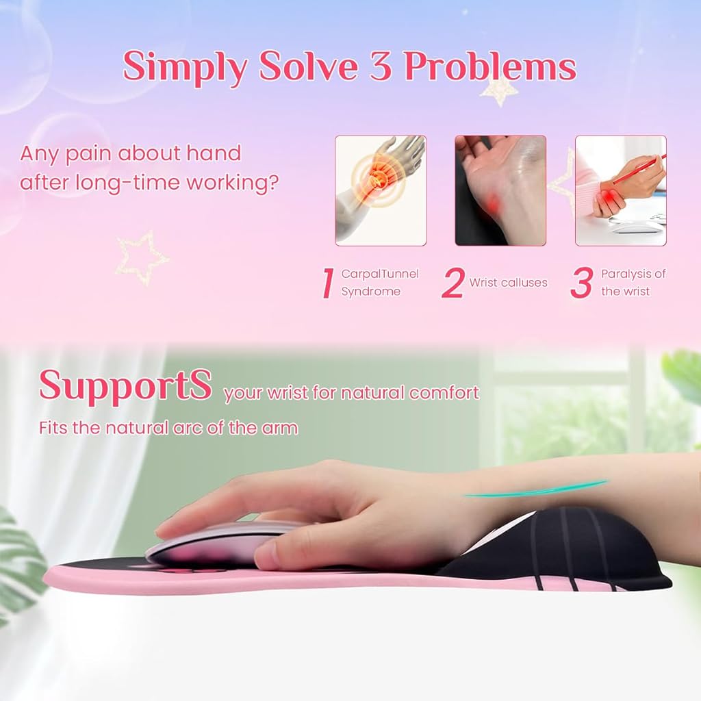 HASTHIP® Alfombrilla de Ratón Ergonómica con Reposamuñecas de Silicona,Superficie Lisa Lycra,Diseño Kawaii Rosa Antideslizante para Oficina y Gaming