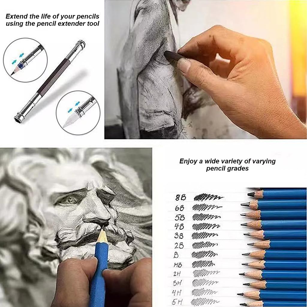 HASTHIP Sketching Kit for Artists and Students with 51 Pcs Tools & Zipper Case | Non Toxic Wood Pencils and Charcoal