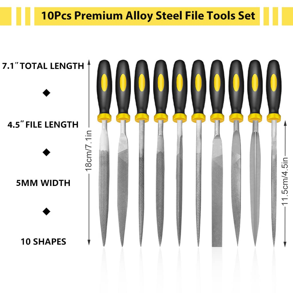 HASTHIP® 10Pcs File Tools Set, Premium Hardened Drop Forged Alloy Steel File Tools, Includes Flat, Flat Warding, Square, Triangular, Round, and Half-Round Files5mm*180mm in size/per one