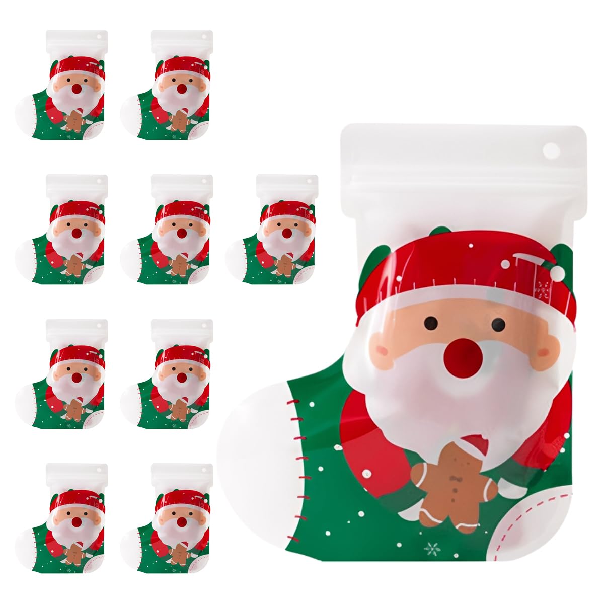 HASTHIP Christmas Gift Bags for Holiday Parties with Ziplock Closure 18.5x22 cm Pack of 10 | Festive Santa Stocking Design