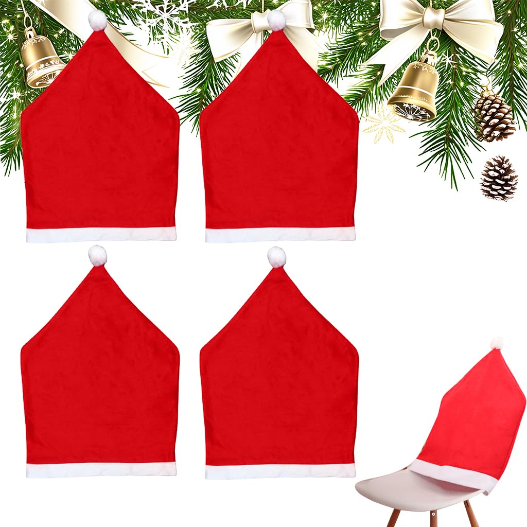 HASTHIP Christmas Chair Covers for Dining Room featuring 4PCS Santa Hat Design | Red Fabric Decor