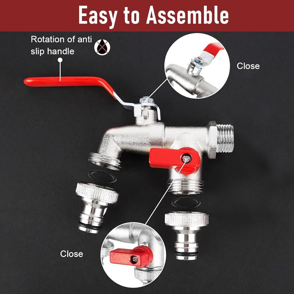 HASTHIP® 1/2 Inch Dual Outlet Garden Faucet Splitter, Heavy Duty Zinc Alloy Double Valve Tap with Individual Control, Outdoor Faucet Garden Tap for Efficient Water Distribution