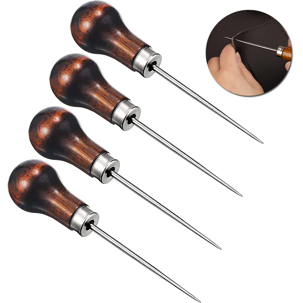 4 Pcs Awl Tool Needles Sewing Awl Hand Stitcher Gourd Shape Leather Craft Cloth Wooden Handle Scratch Awl Tool Pin Punching for Canvas Leather Pouch Hole DIY Shoes Repair