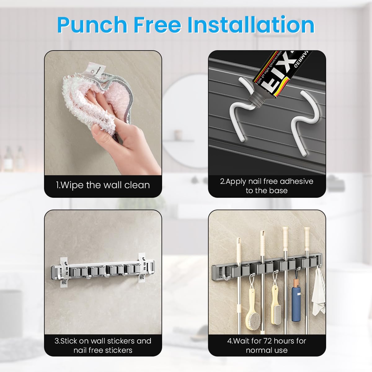 Wall Mounting Mop Broom Holder 4 Slots & 5 Hooks Space Aluminum Broom Organizer Nail-Free Installation Mop Holder for Home, Office, Storage Rooms, Bathroom, Cleaning Room