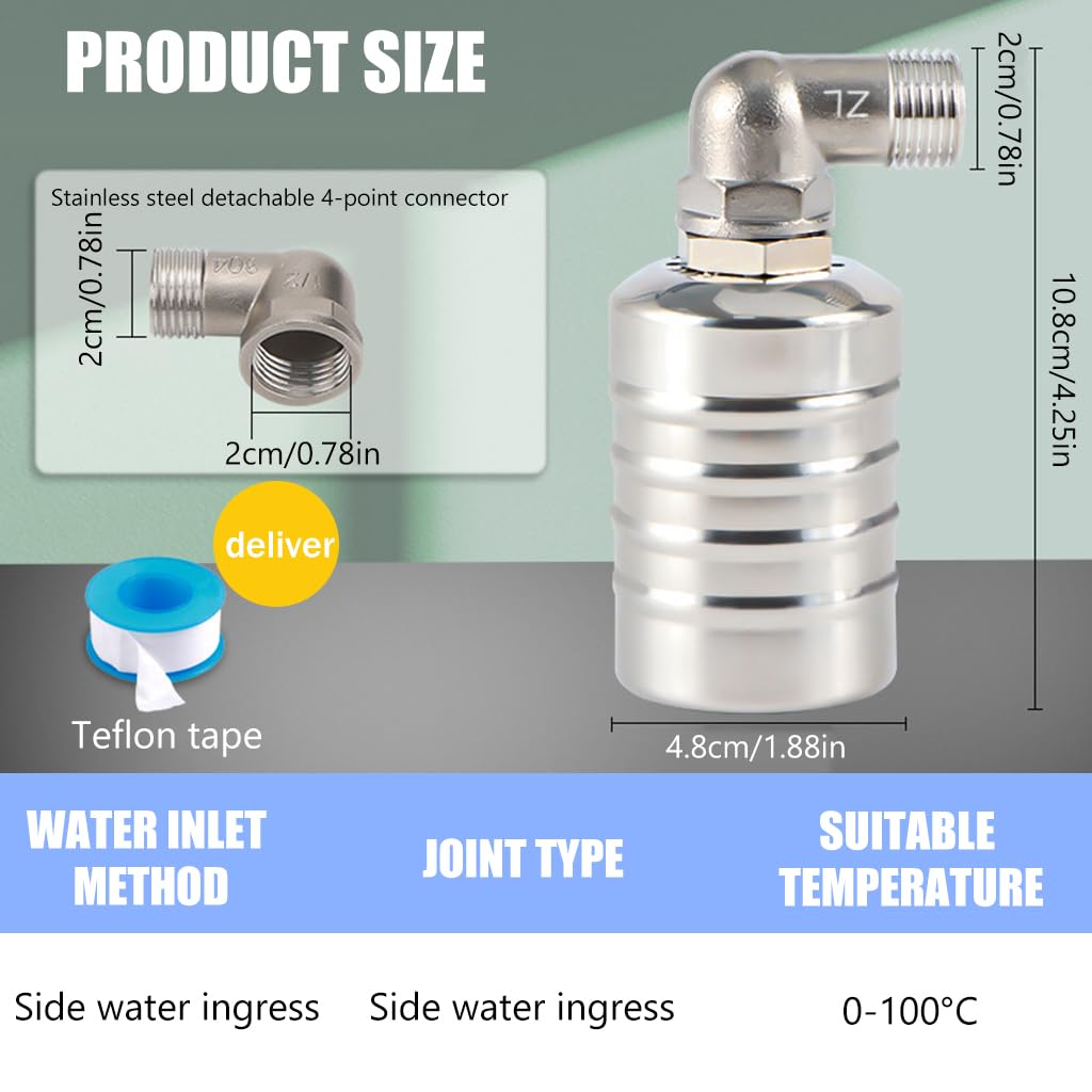 HASTHIP® Float Valve for Water Tank, 1/2" to 3/4'' Water Float Valve Stainless Steel Fully Automatic Water Level Control Float Valve, Automatic Water Level Controller for Water Tank, Pool, Reservoir