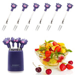 6Pcs Food Fruit Forks for Kids, Food Grade Stainless Steel Children's Food Fork with Base, Reusable Cute Cow Little Forks Dessert Forks for Cake Dessert Pastry Party, 4.65inch (Purple)