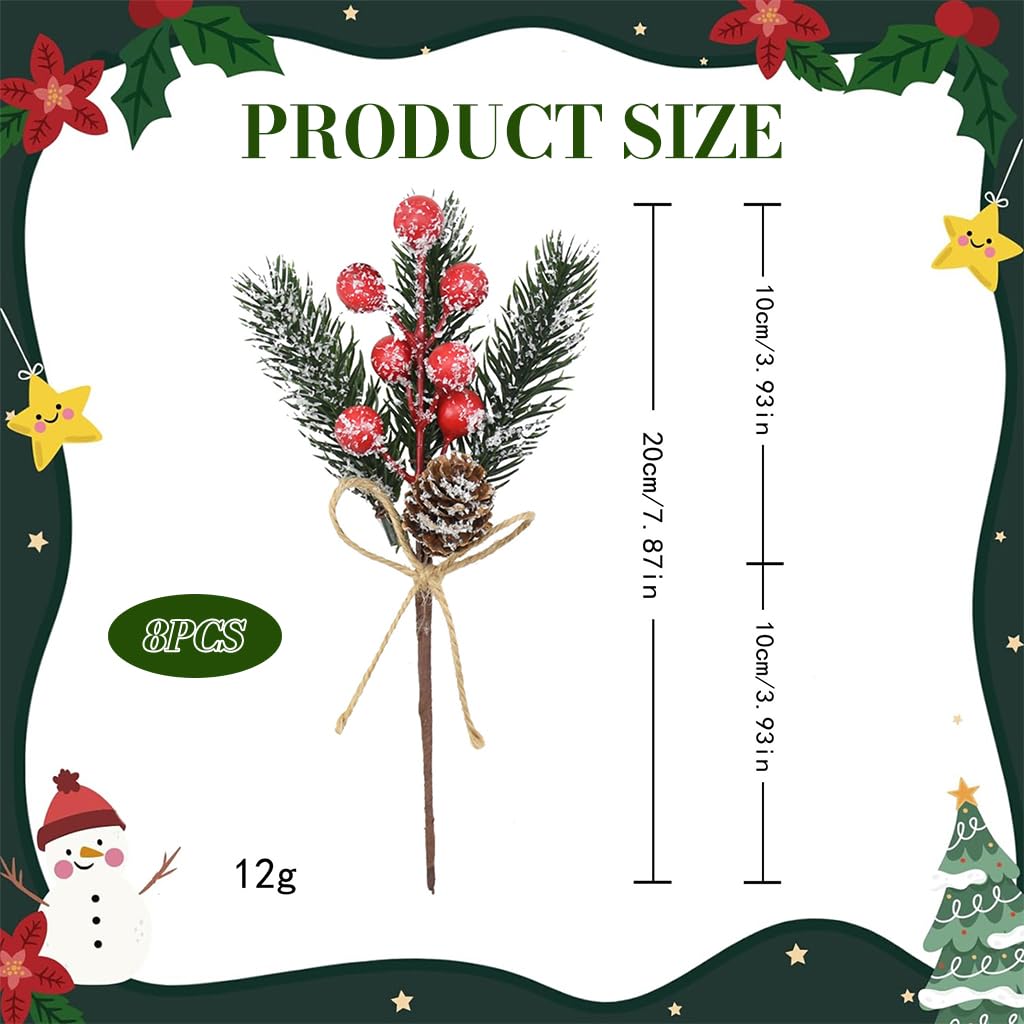 HASTHIP Artificial Christmas Floral Picks for Wreaths with Hemp Rope Hanging 8pcs 7.87in | Red Berries Pinecones and Holly Leaves Decor
