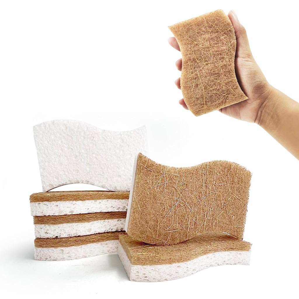 HASTHIP® 6 Pack Kitchen Sponges, Plant-Based Biodegradable Cellulose & Coconut Coir Scrub Sponges, Dual-Sided Non-abrasive Dish Sponges for Dishes, Countertops, Sink & Bathroom Cleaning