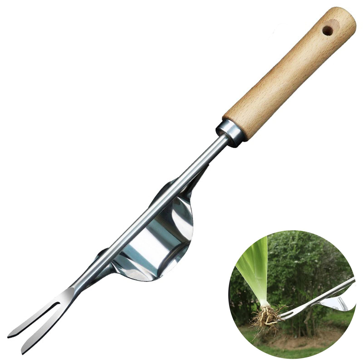 HASTHIP® 12.6'' Gardening Weeder Tool Stainless Steel Manual Weeder Tool with Intergrated Curved Hoe, Wooden Handle Manual Weeder Multipurpose Gardening Weeder Hoe Tool
