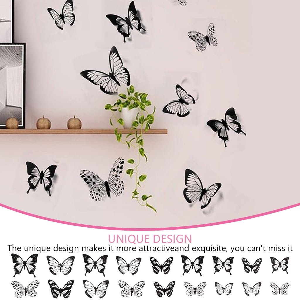HASTHIP Butterfly Wall Stickers for Home Decor featuring 3D Effect and 36Pcs PVC Set | Black and White