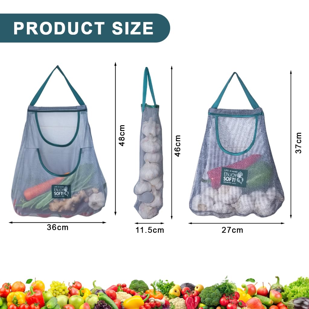 HASTHIP Hanging Mesh Storage Bags for Kitchen Produce featuring Dual Pocket Net Design | 3pcs Reusable Mesh Fabric