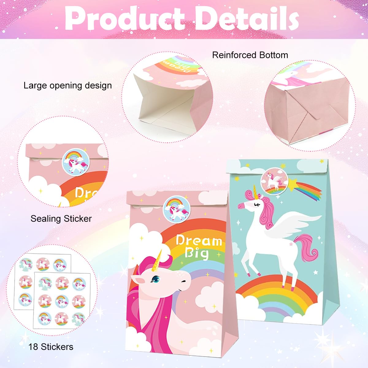 HASTHIP Unicorn Gift Bags for Birthday Parties with 18 Stickers and 2 Whimsical Designs