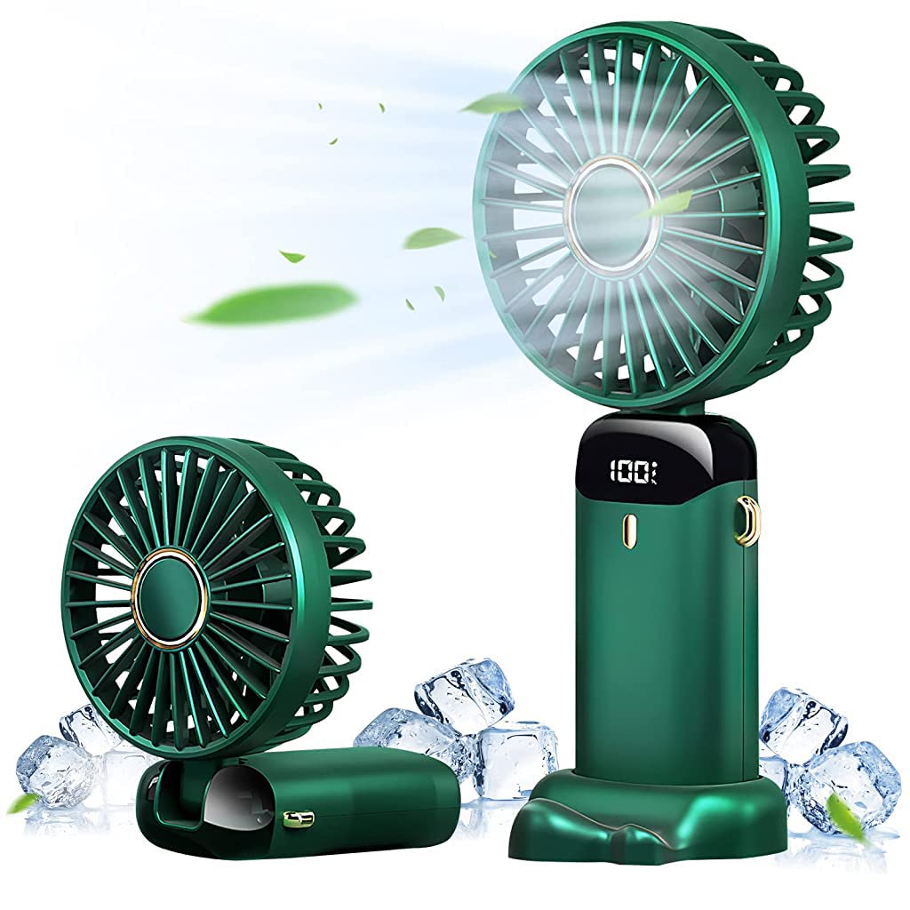 HASTHIP Hand Fan for Women with 3000mAh Battery and 5 Speeds featuring Foldable 90° Base | Green Portable USB Rechargeable Fan