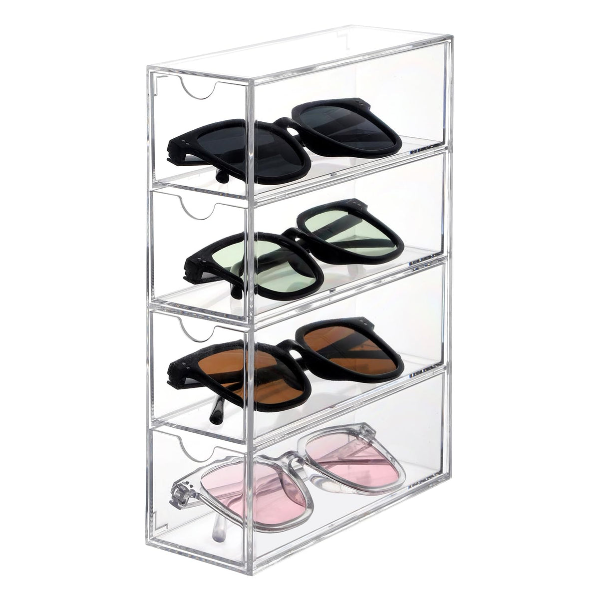 HASTHIP® Organizador de Gafas de Sol Acrílico Transparente con 4 Cajones Apilables,Soporte Multifuncional para Gafas,Joyería Relojes y Accesorios Almacenamiento Elegante para Baño Tocador o