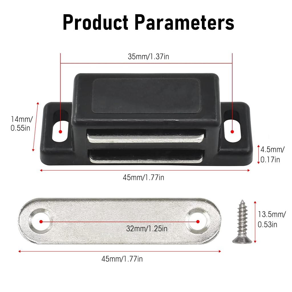 HASTHIP Magnetic Door Latch for Cabinets and Drawers featuring 12 Pack 46×15×13 mm Magnets | Plastic and Stainless Steel with Adhesive or Screw Mount