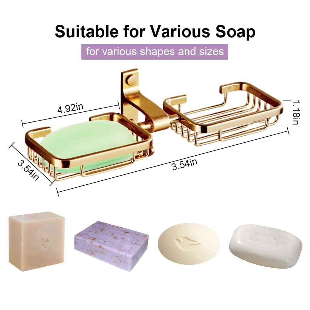 HASTHIP Double Soap Holder for Bathroom featuring Self Draining Dual Slots and Hooks | Golden Aluminum Wall Mount Design