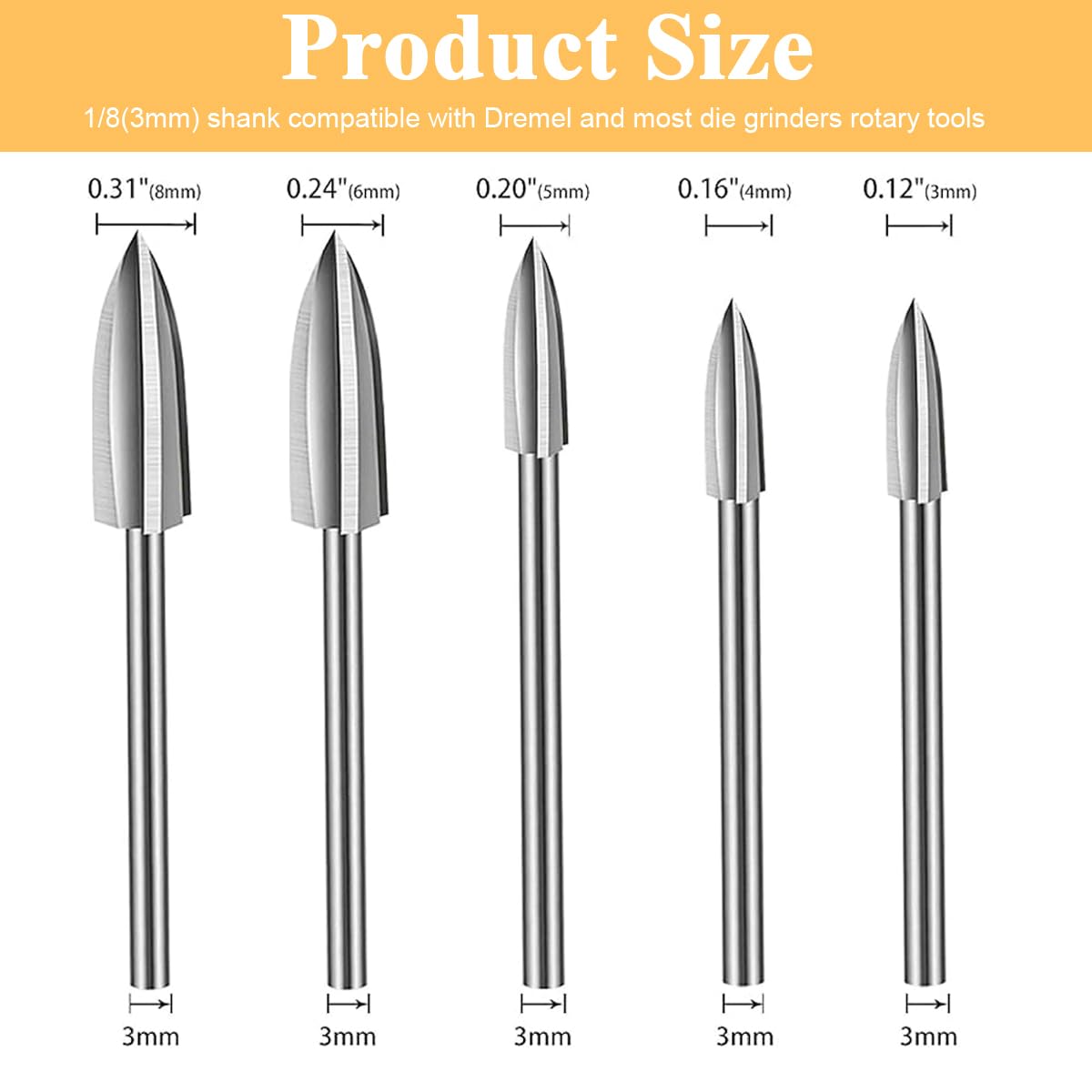 HASTHIP Wood Carving Tools for Rotary Tool 15 pcs with 1/8 Shank | 5 Sizes 3–8 mm Engraving Set