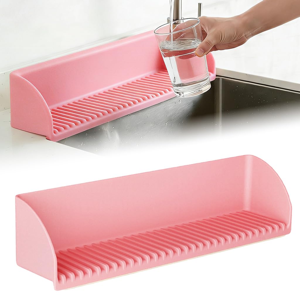 HASTHIP® Silicone Water Splash Guard for Bathtub, Suction Cup L-shape Bathtub Arm Rest Water Stopper, Grooved Surface Design, Bathtub Splash Guard Strip, 15.7'' x3.7''x3.5''-Pink