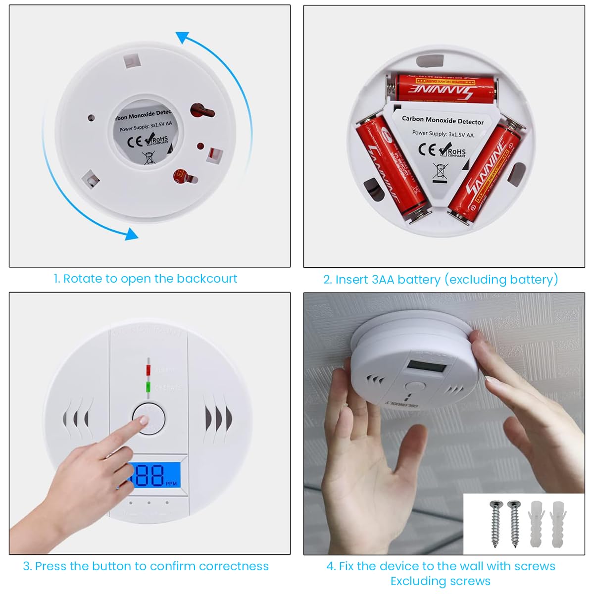 HASTHIP Carbon Monoxide Detector for Home with 85dB Alarm and LCD Display | Battery Operated