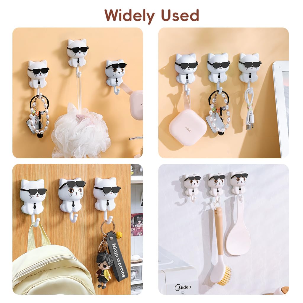 HASTHIP Cat Wall Hooks for Kitchen and Bathroom with Curved Tail Design | 3Pcs White PVC Set
