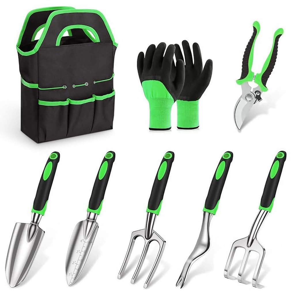 HASTHIP® 8 Pcs Gardening Tools Set - Aluminum Alloy Steel - Garden Planting Tools - Gardening Tools Kit For Home Garden - Gardening Tools Kit Set - With Tote Tool Bag - Suitable For Garden Patio