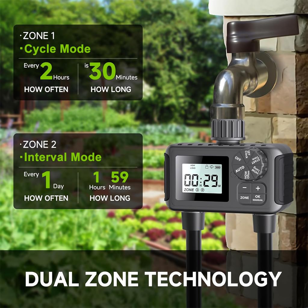 HASTHIP® Smart Garden Watering Timer Programmable Hose Faucet Timer with 2-Outlet LCD Digital Watering Timer IP55 Waterproof Outdoor Watering Timer Universal Watering Timer