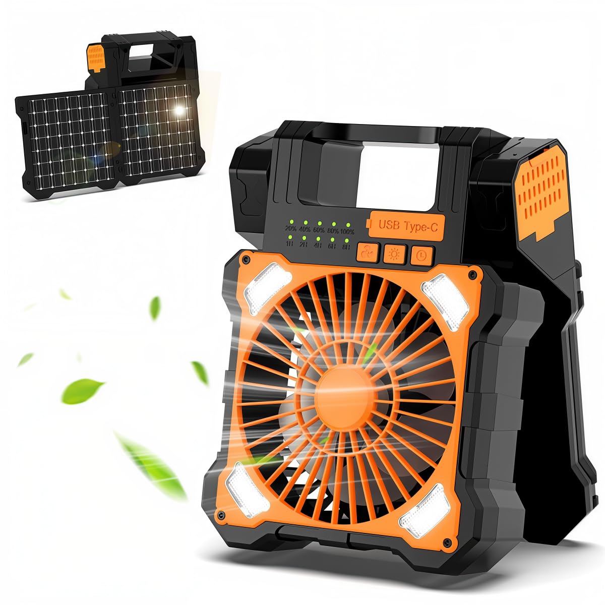 HASTHIP® Solar Powered Fan 5200mAh Multifunctional LED Camping Fan Emergency Power Bank with Dual USB Interfaces, 5 Airflow Speed & Dimmable Light, Free Standing Portable Fan with Handle & Hook