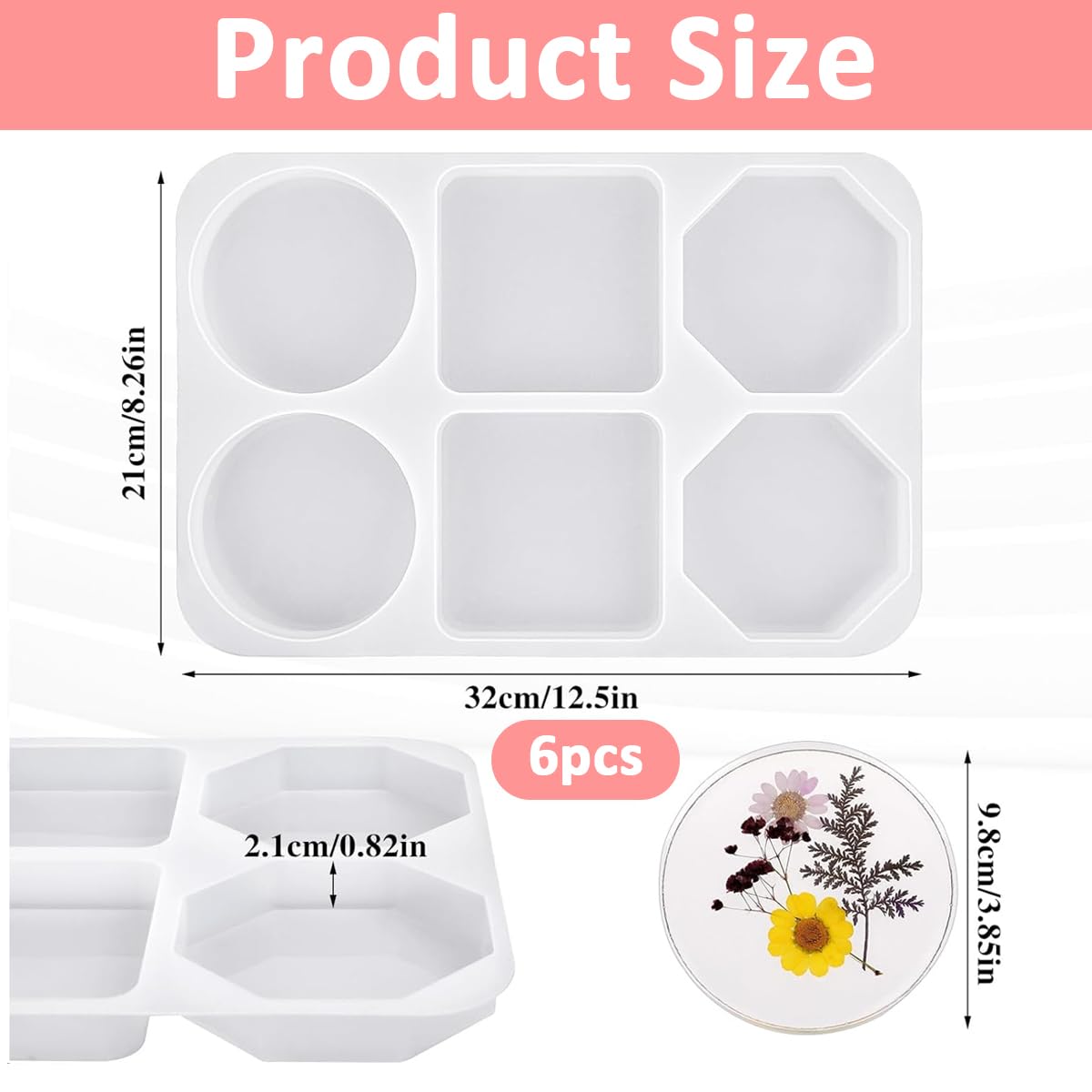 HASTHIP® 6-Cavity Coaster Resin Silicone Mold Minimalism GeometricCoaster Resin Mold Hexagon, Round & Square Coaster Resin Mold DIY Coaster Resin Silicone Mold