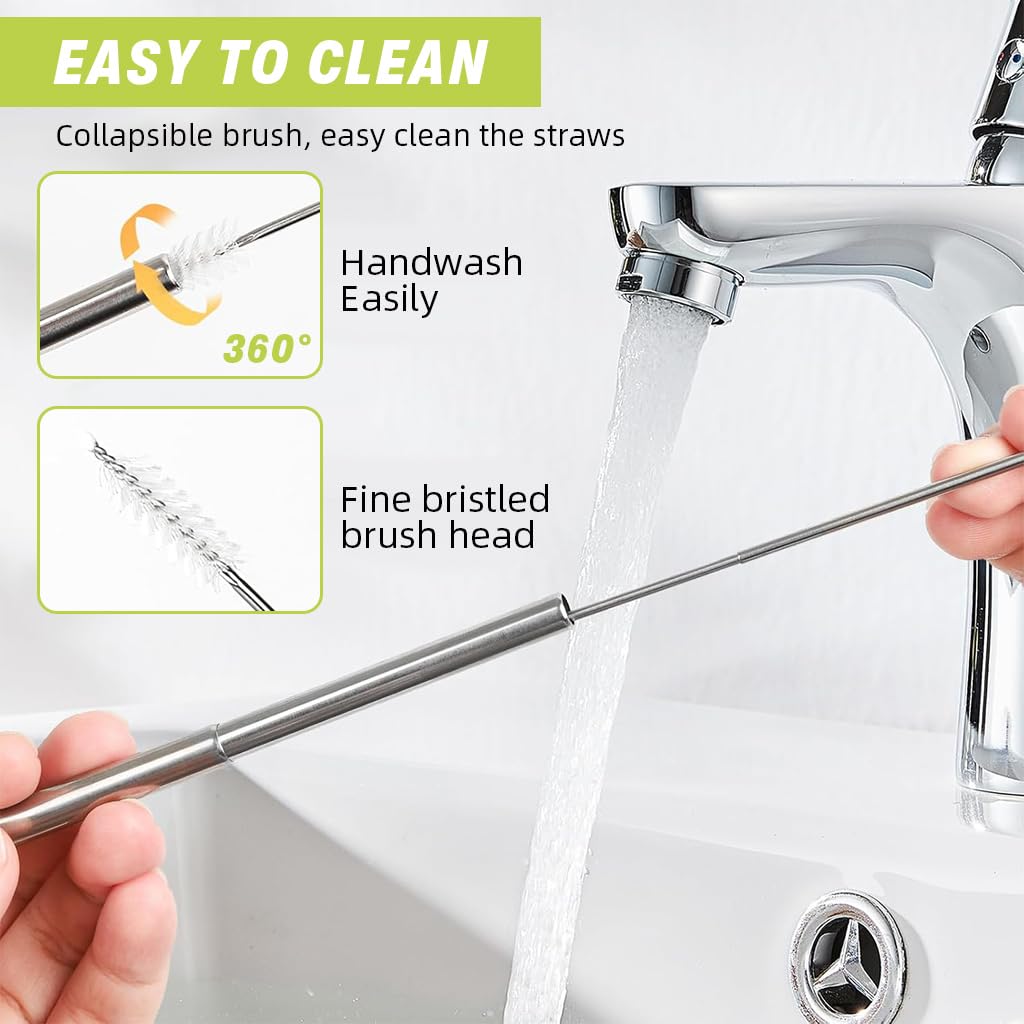 HASTHIP Reusable Straw for Travel with 3.8–8.3 in Retractable Design and Cleaning Brush | 304 Stainless Steel Eco Set