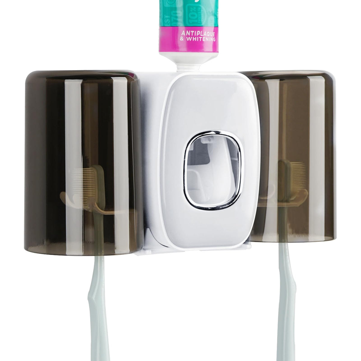 HASTHIP® Wall Mount Toothbrush Holder with Cover, Self Adhesive Toothbrush Storage Organizer for Shower, Toothbrush Hanger with 2 mouthwash Cups for Bathroom, Medicine Cabinet, Dorm (White)-White