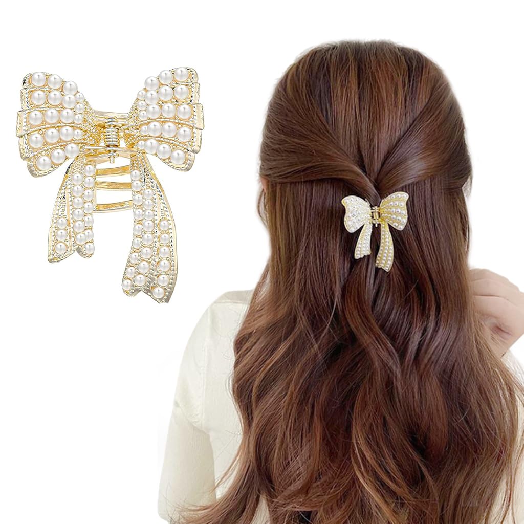 HASTHIP® Small Pearl Bow Hair Accessories for Women Wedding,Bow Hair Clips for Women,Golden Alloy Half Updo Charm Fashion Meta Clips Girls