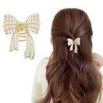 HASTHIP® Small Pearl Bow Hair Accessories for Women Wedding,Bow Hair Clips for Women,Golden Alloy Half Updo Charm Fashion Meta Clips Girls