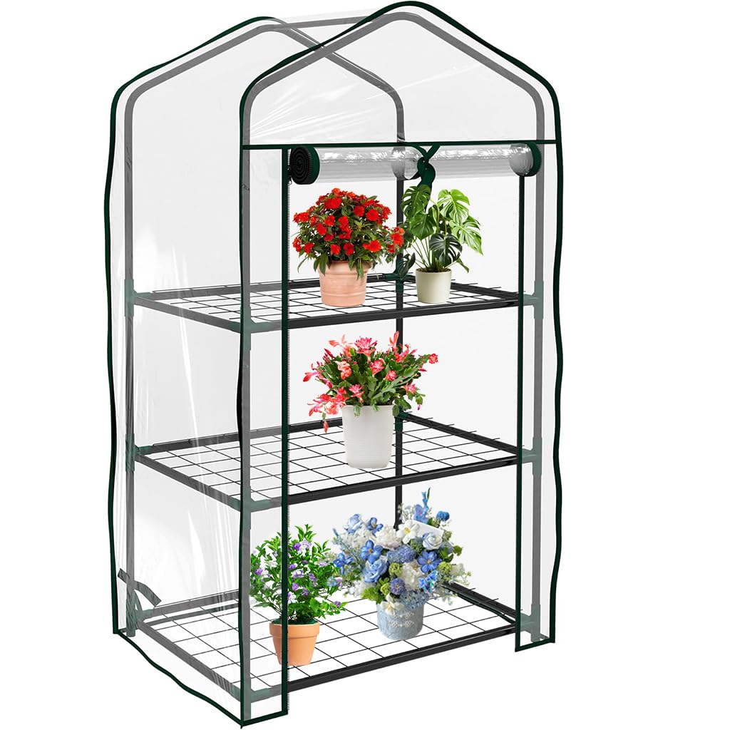 HASTHIP Mini Greenhouse for Indoor and Outdoor Gardening with Triple-Layer Shelf 59x39x126cm